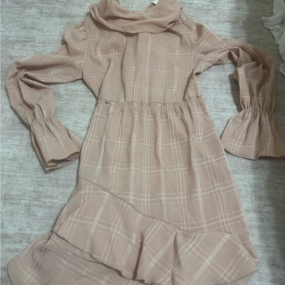 SEE by Chloe Pink Plaid Check Textured Scarf Wrap High Neck Ruffle Dress size 38 - Picture 4 of 7